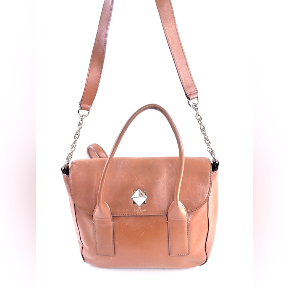 Kate Spade Brown Leather Medium Satchel Shoulder Bag Brass Chain Straps Diamond